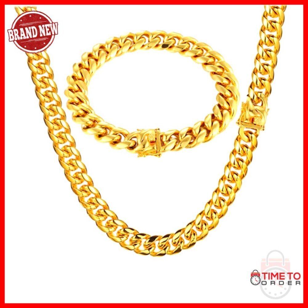Men's 18K Gold Plated Stainless Steel Cuban Link Chain Set 6/8mm